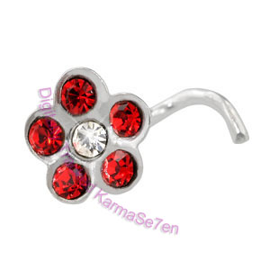 Jewelled Flower - Red  - Silver Nose Stud